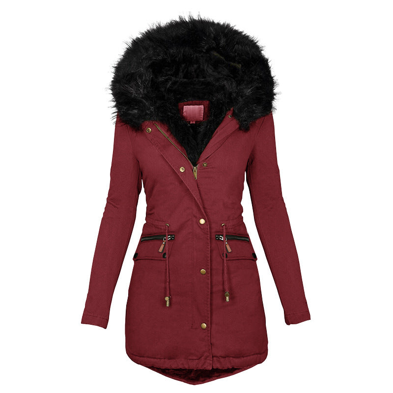 Damen Wintermantel mit Kapuze, tailliert, mit Taschen und Fellkragen - 2 - Jasminaboutique.com