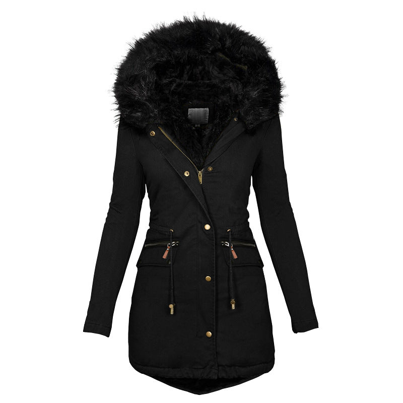 Damen Wintermantel mit Kapuze, tailliert, mit Taschen und Fellkragen - 4 - Jasminaboutique.com