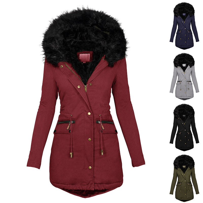 Damen Wintermantel mit Kapuze, tailliert, mit Taschen und Fellkragen - 6 - Jasminaboutique.com