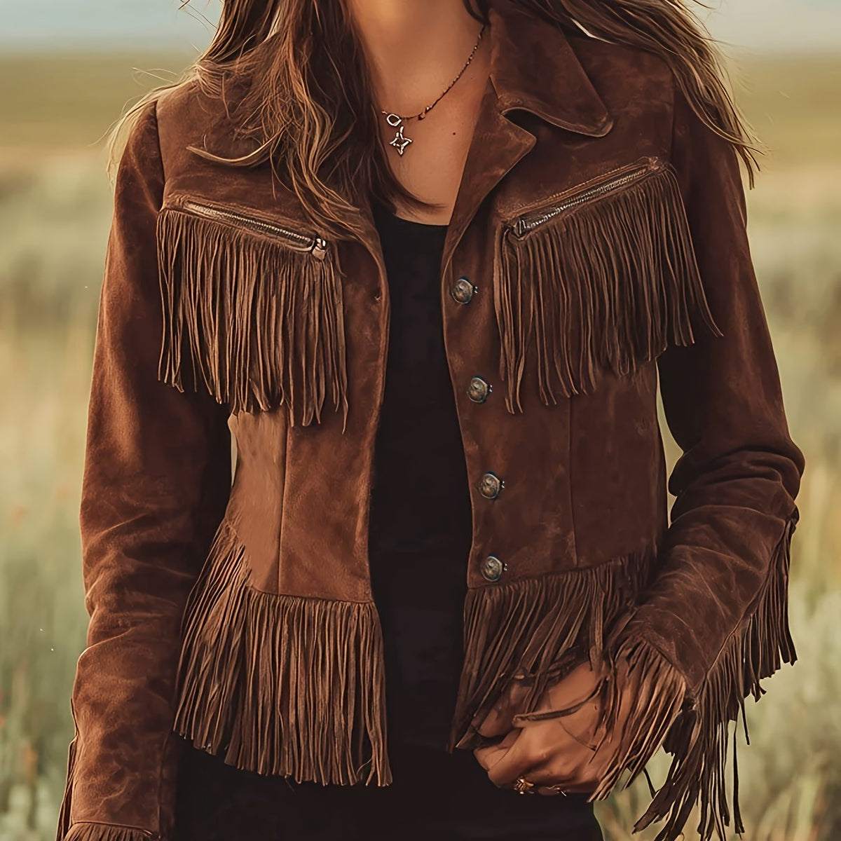 Fransenjacke Damen mit Reißverschlusstaschen und tailliertem Schnitt - 1 - Jasminaboutique.com