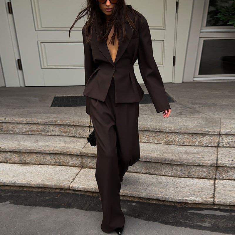 Blazer Damen mit weitem Hosenanzug, tailliert, V-Ausschnitt, Langarm - 1 - Jasminaboutique.com