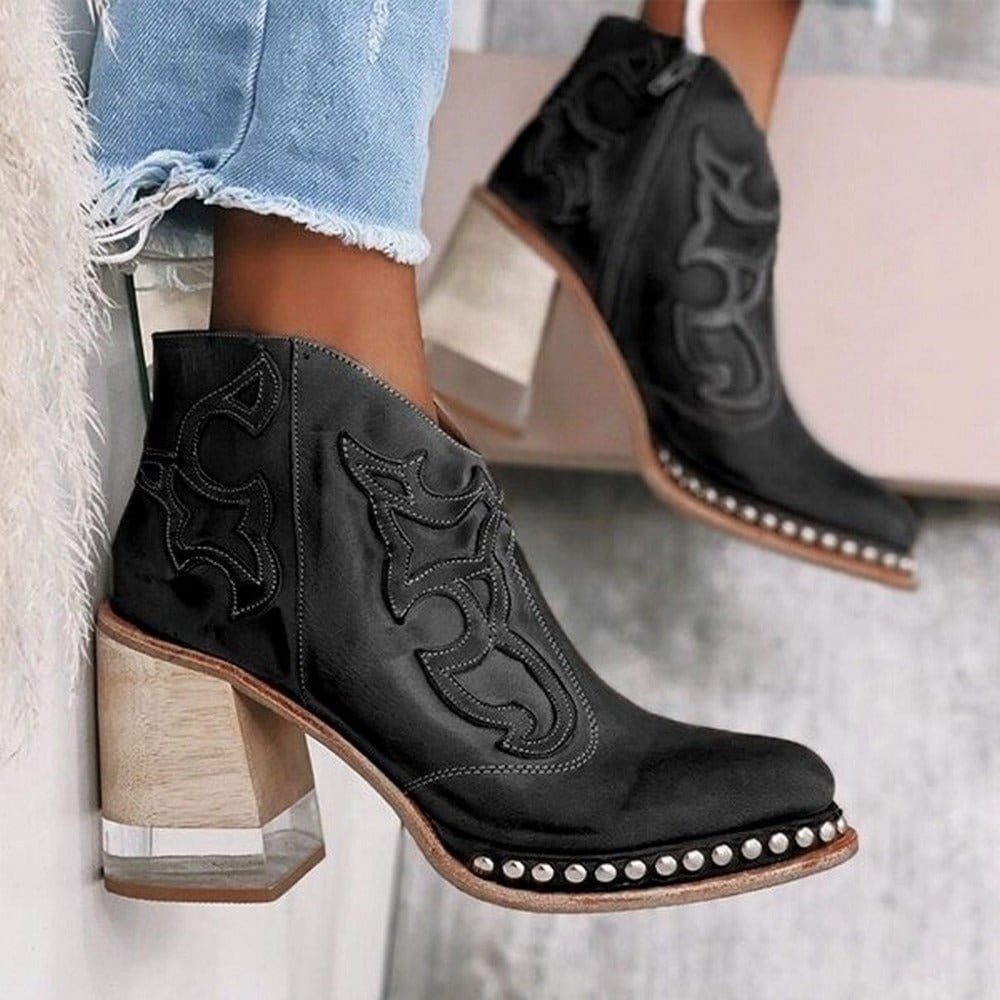 Western Stiefeletten Damen mit Blockabsatz und Stickerei - 2 - Jasminaboutique.com