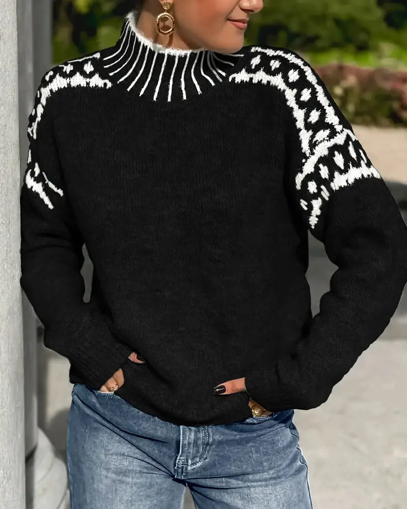 Pullover Damen mit hohem Kragen und Norwegermuster - 19 - Jasminaboutique.com