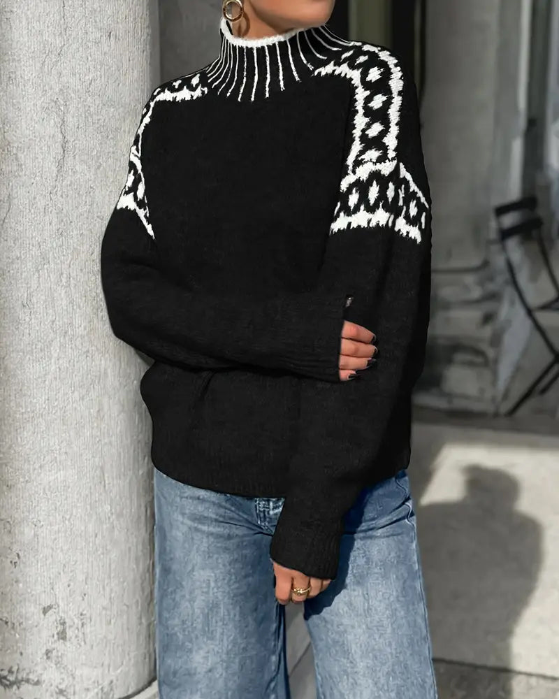 Pullover Damen mit hohem Kragen und Norwegermuster - 21 - Jasminaboutique.com