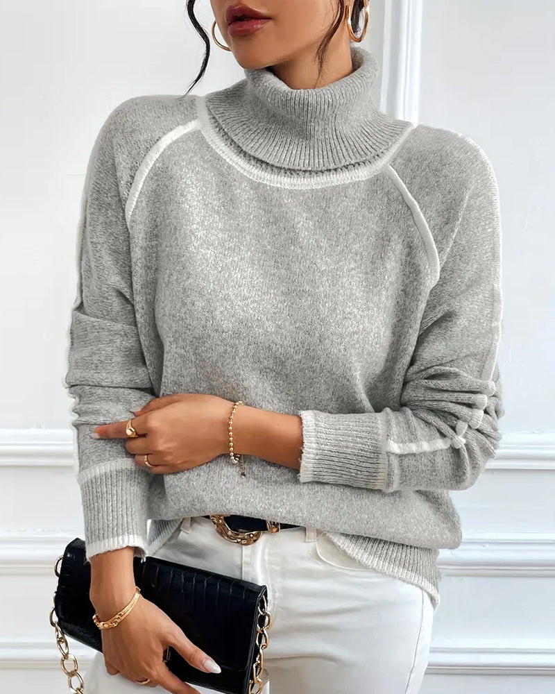 Hochkragen Pullover Damen mit Kontrastdetails - 2 - Jasminaboutique.com