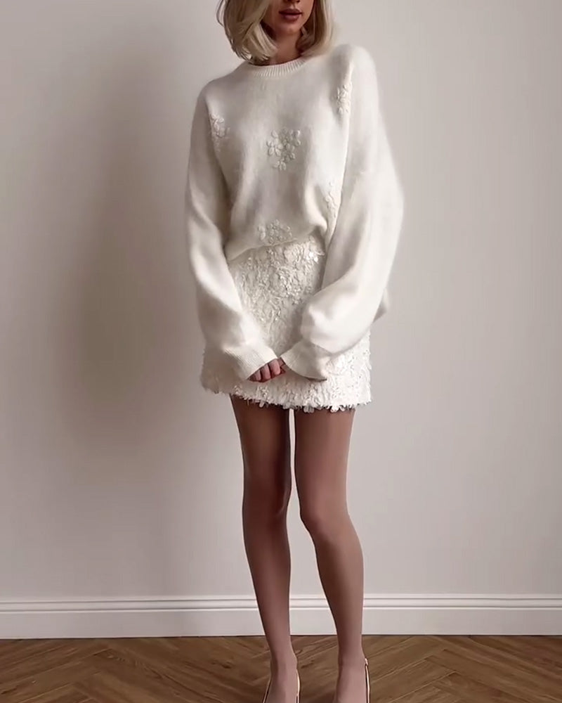 Pullover Damen mit Rundhalsausschnitt und floralem Design - 2 - Jasminaboutique.com