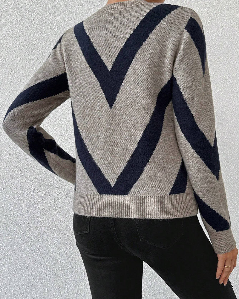 Pullover Damen V-Ausschnitt geometrisches Muster - 3 - Jasminaboutique.com