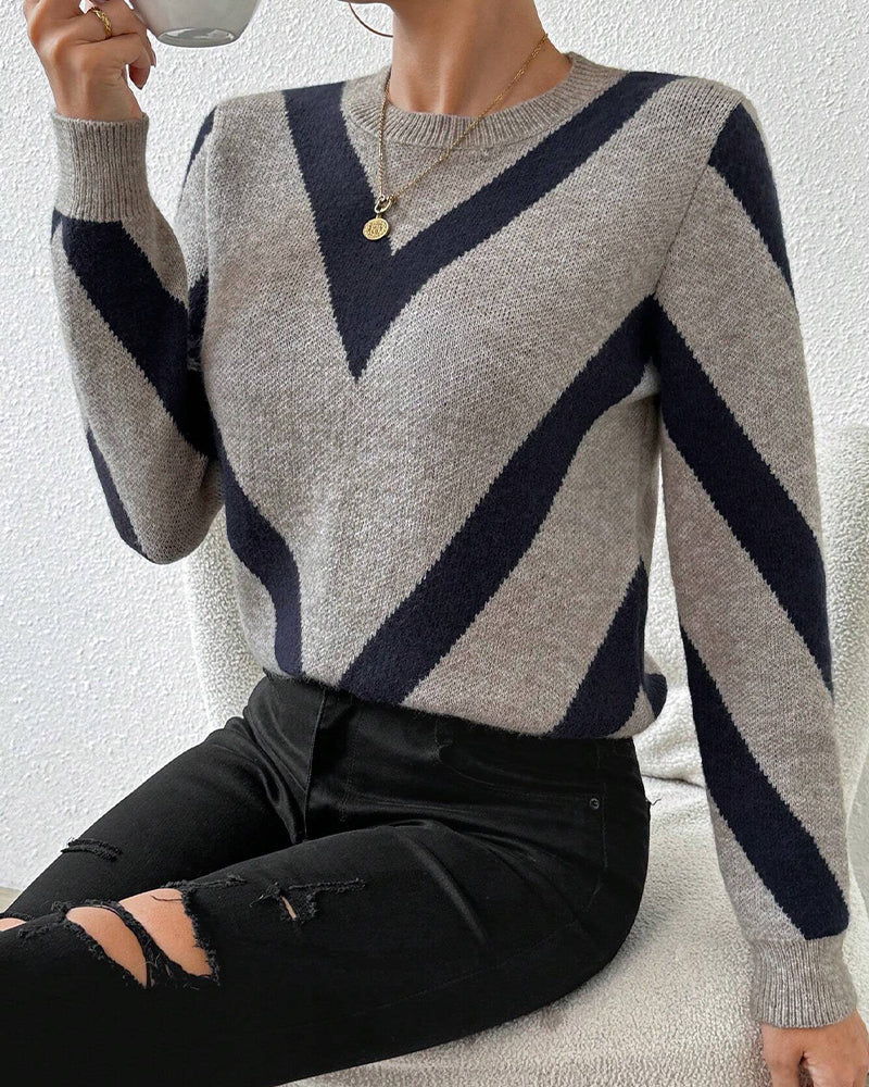 Pullover Damen V-Ausschnitt geometrisches Muster - 9 - Jasminaboutique.com