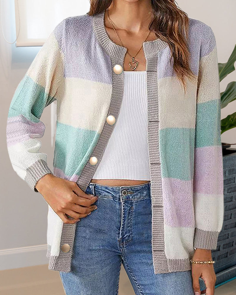 Farbblock Cardigan Damen mit Knöpfen und Langarm - 2 - Jasminaboutique.com