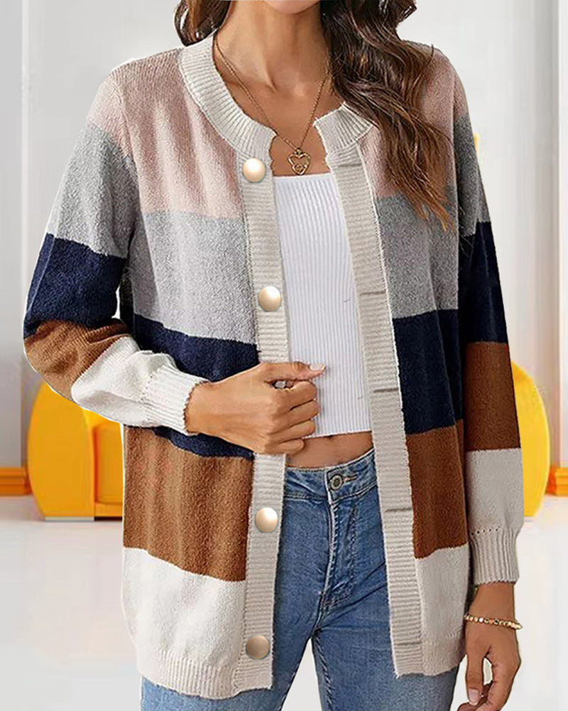 Farbblock Cardigan Damen mit Knöpfen und Langarm - 3 - Jasminaboutique.com