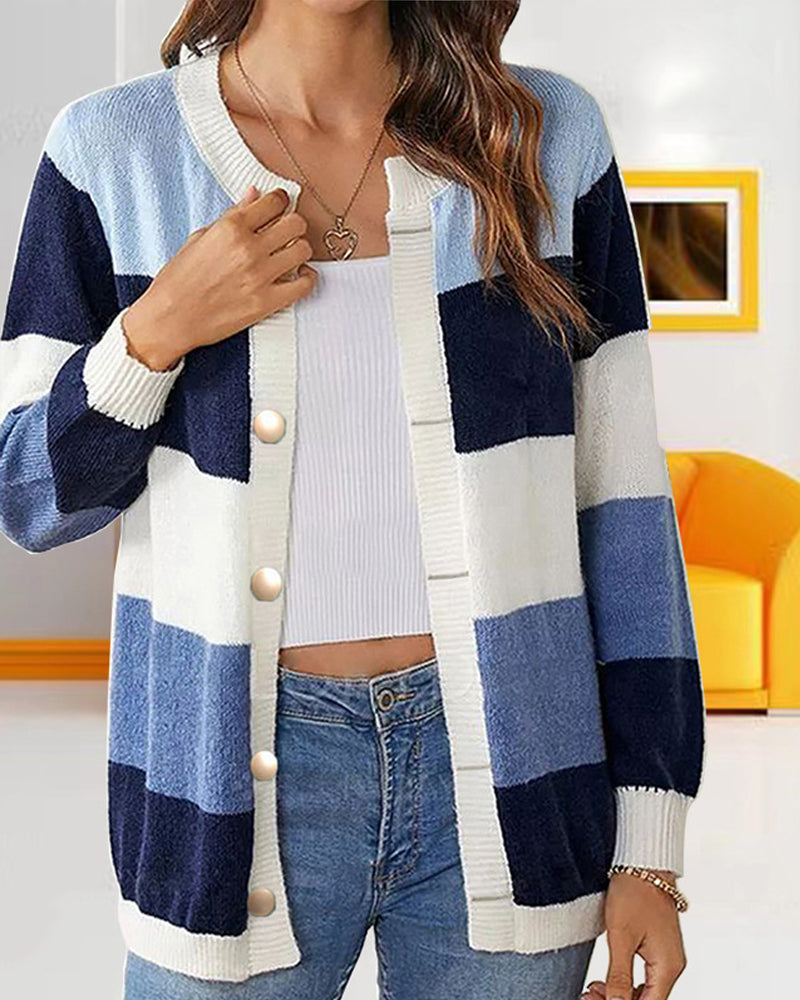 Farbblock Cardigan Damen mit Knöpfen und Langarm - 4 - Jasminaboutique.com