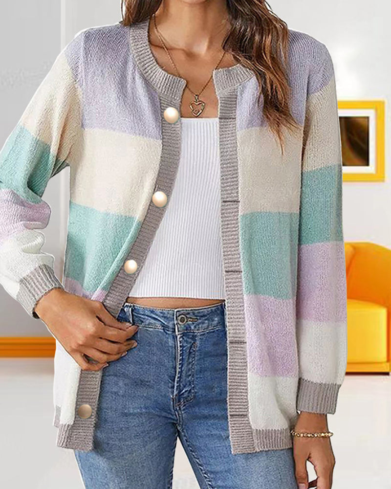 Farbblock Cardigan Damen mit Knöpfen und Langarm - 5 - Jasminaboutique.com