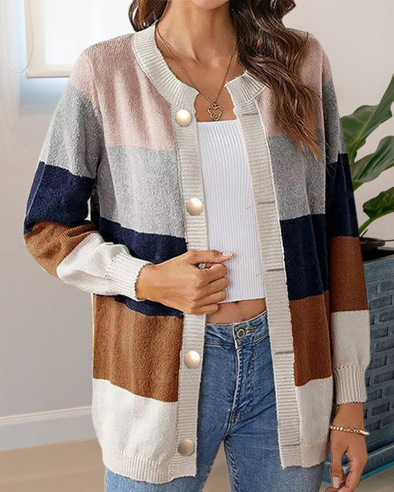 Farbblock Cardigan Damen mit Knöpfen und Langarm - 7 - Jasminaboutique.com
