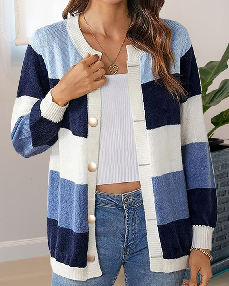 Farbblock Cardigan Damen mit Knöpfen und Langarm - 8 - Jasminaboutique.com