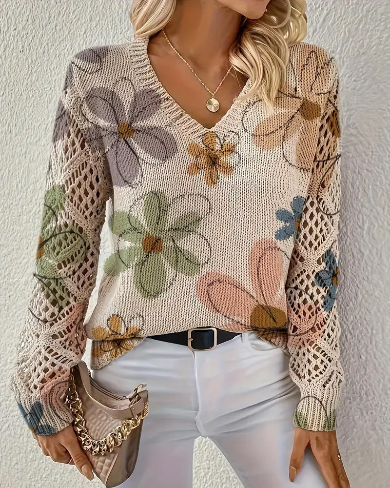 V-Ausschnitt Pullover Damen mit Blumenmuster und offenen Maschen - 1 - Jasminaboutique.com
