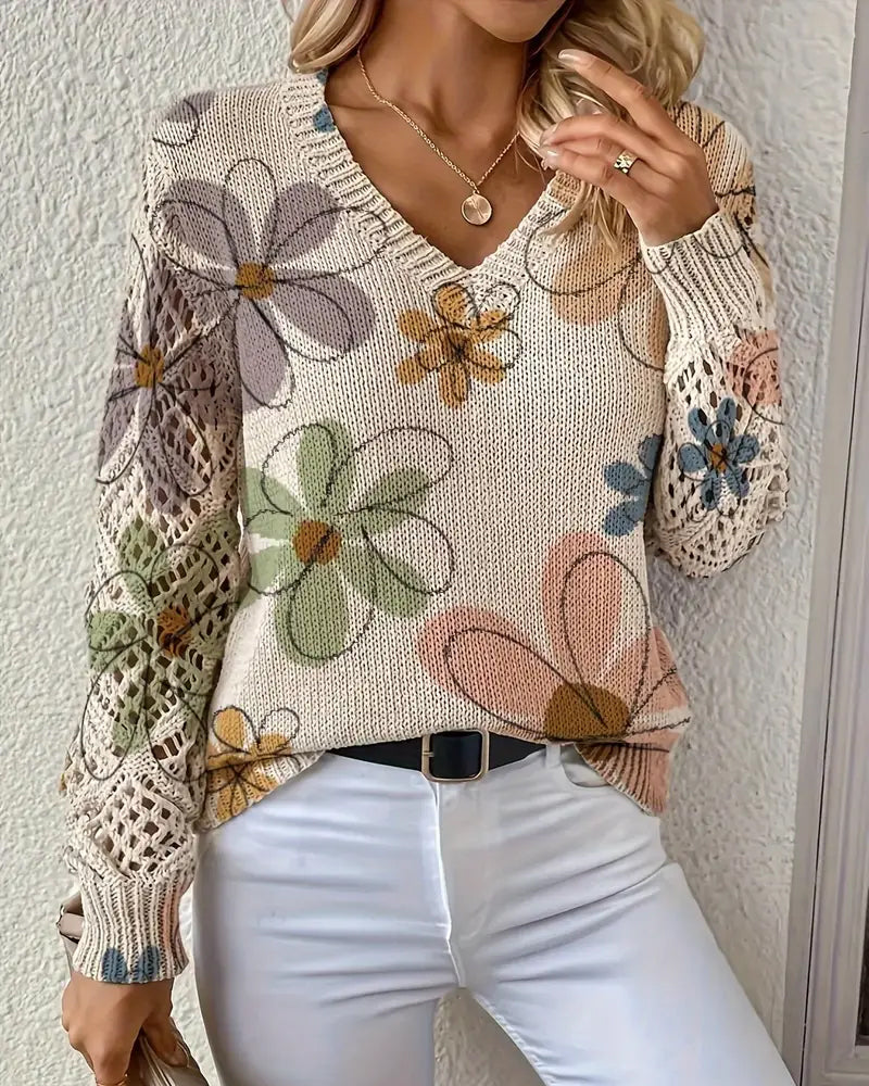V-Ausschnitt Pullover Damen mit Blumenmuster und offenen Maschen - 2 - Jasminaboutique.com