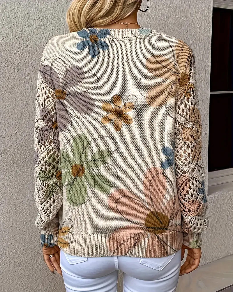 V-Ausschnitt Pullover Damen mit Blumenmuster und offenen Maschen - 4 - Jasminaboutique.com