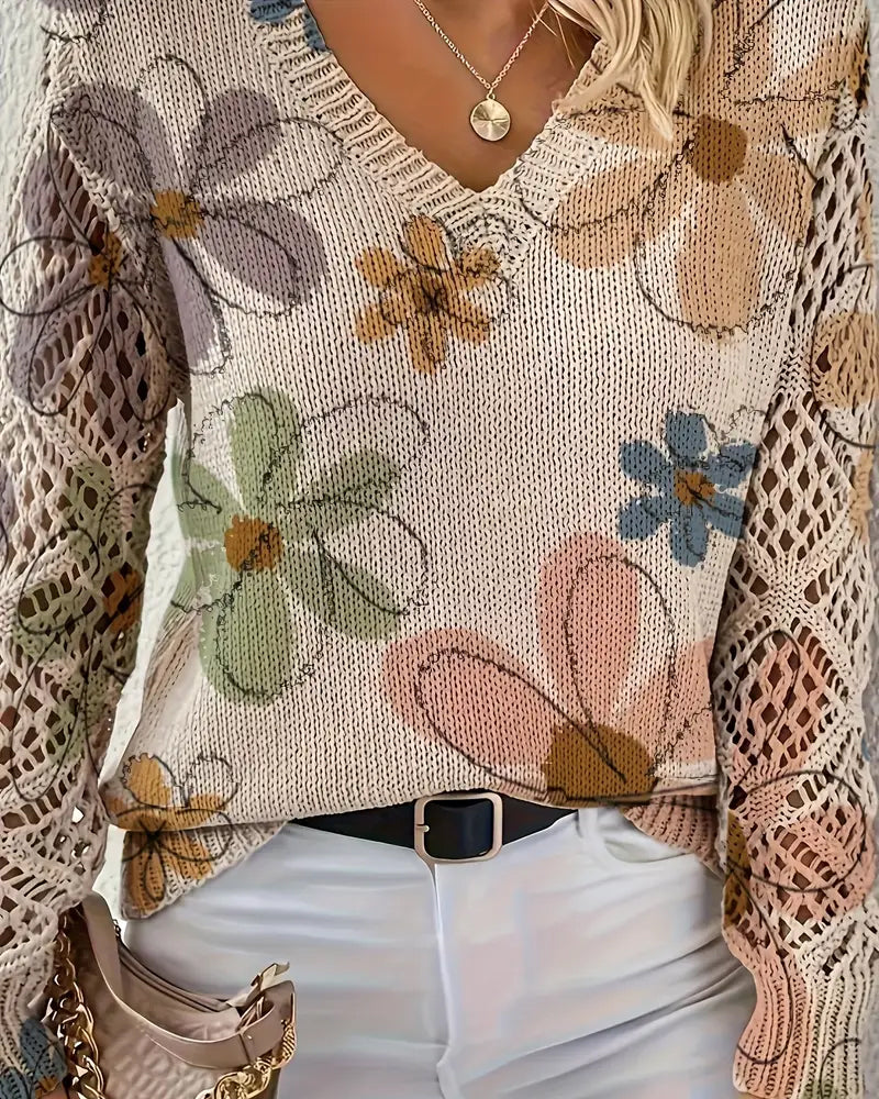 V-Ausschnitt Pullover Damen mit Blumenmuster und offenen Maschen - 5 - Jasminaboutique.com