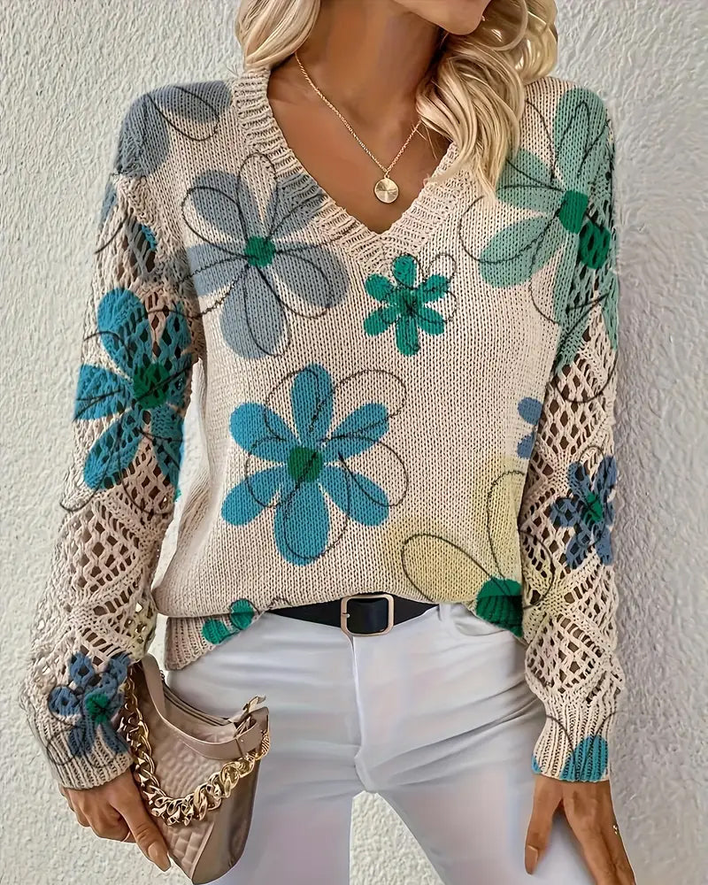 V-Ausschnitt Pullover Damen mit Blumenmuster und offenen Maschen - 6 - Jasminaboutique.com
