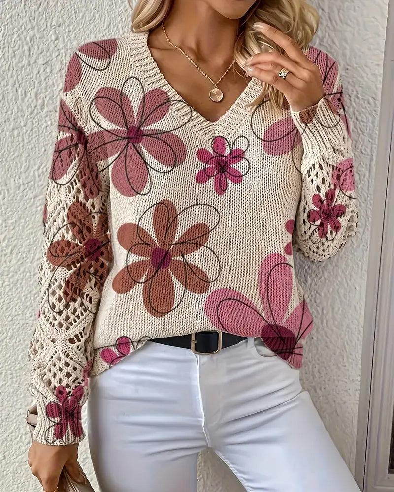V-Ausschnitt Pullover Damen mit Blumenmuster und offenen Maschen - 7 - Jasminaboutique.com