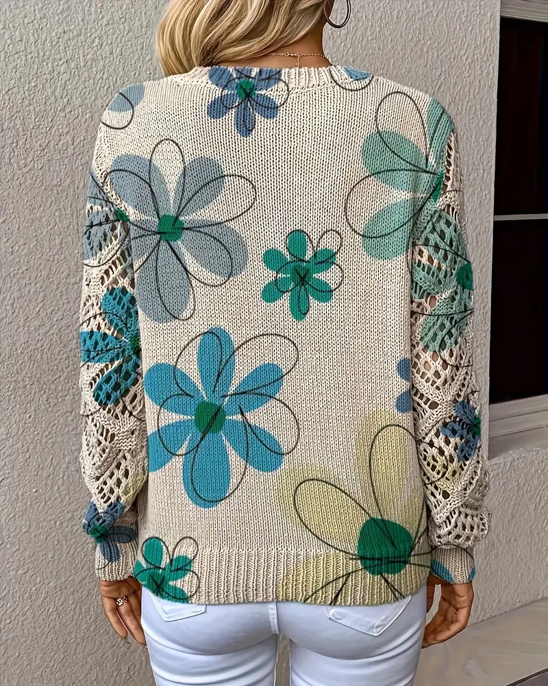 V-Ausschnitt Pullover Damen mit Blumenmuster und offenen Maschen - 8 - Jasminaboutique.com