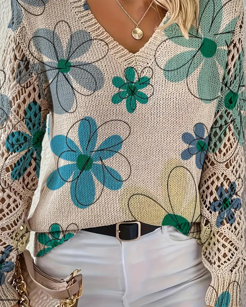 V-Ausschnitt Pullover Damen mit Blumenmuster und offenen Maschen - 9 - Jasminaboutique.com