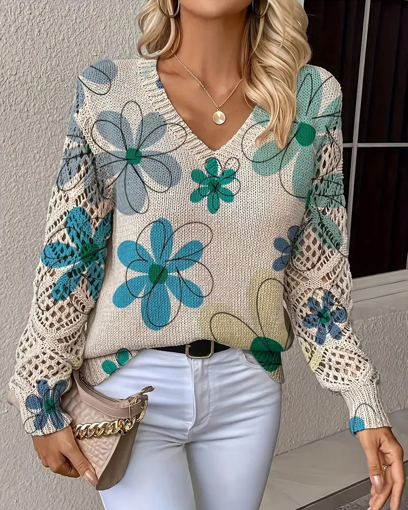V-Ausschnitt Pullover Damen mit Blumenmuster und offenen Maschen - 10 - Jasminaboutique.com