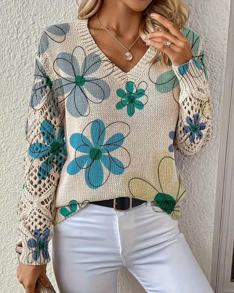 V-Ausschnitt Pullover Damen mit Blumenmuster und offenen Maschen - 11 - Jasminaboutique.com
