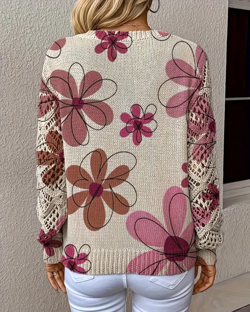 V-Ausschnitt Pullover Damen mit Blumenmuster und offenen Maschen - 13 - Jasminaboutique.com