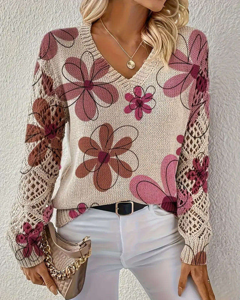 V-Ausschnitt Pullover Damen mit Blumenmuster und offenen Maschen - 14 - Jasminaboutique.com