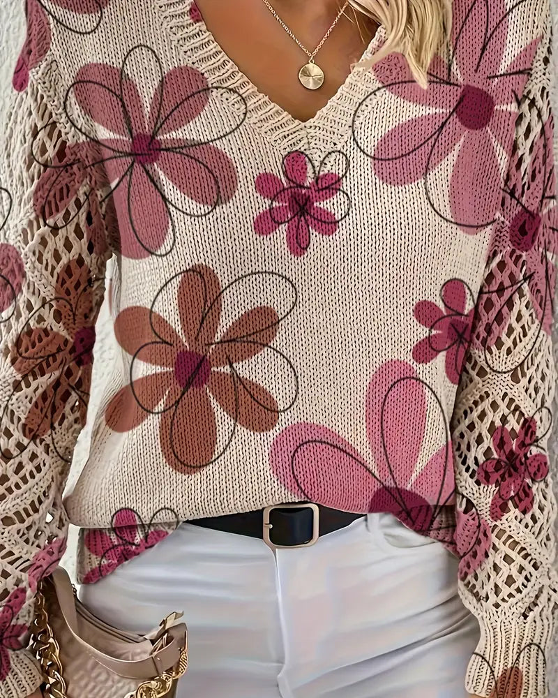 V-Ausschnitt Pullover Damen mit Blumenmuster und offenen Maschen - 15 - Jasminaboutique.com