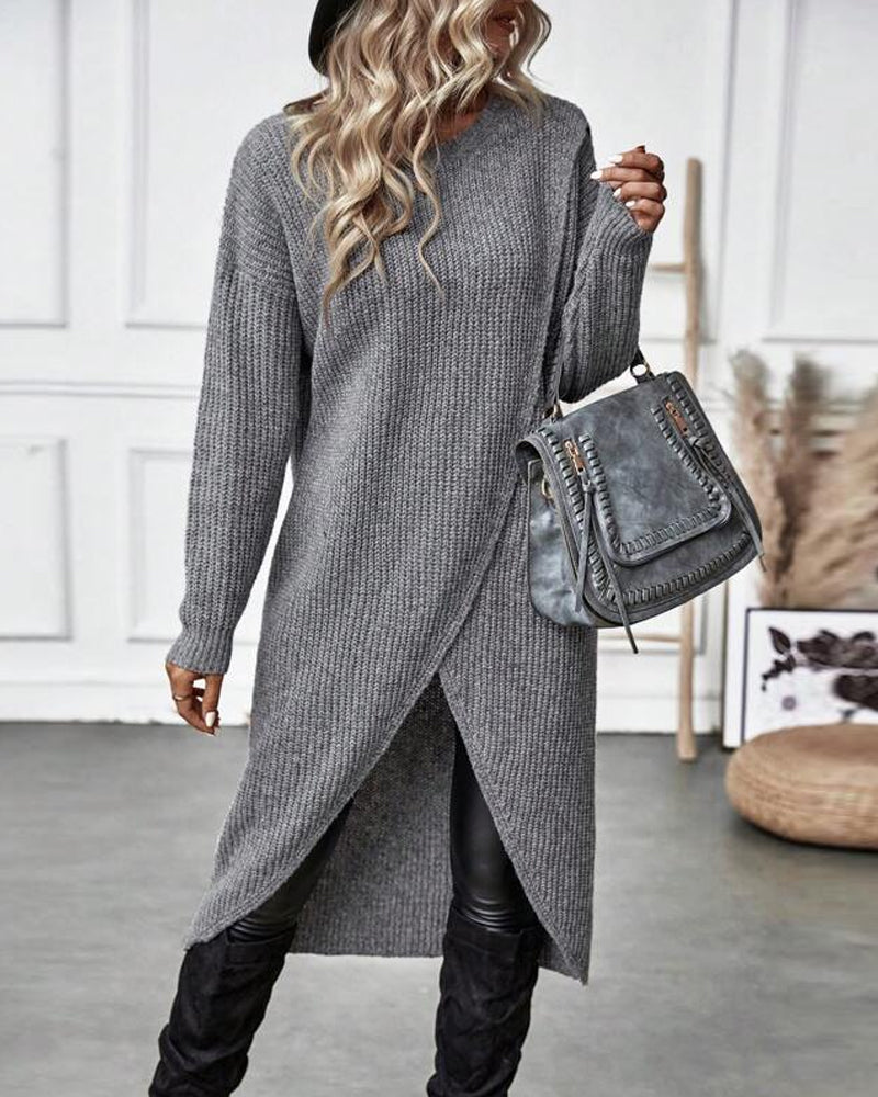 Pullover Kleid Damen mit Wickelschnitt und langen Ärmeln - 3 - Jasminaboutique.com