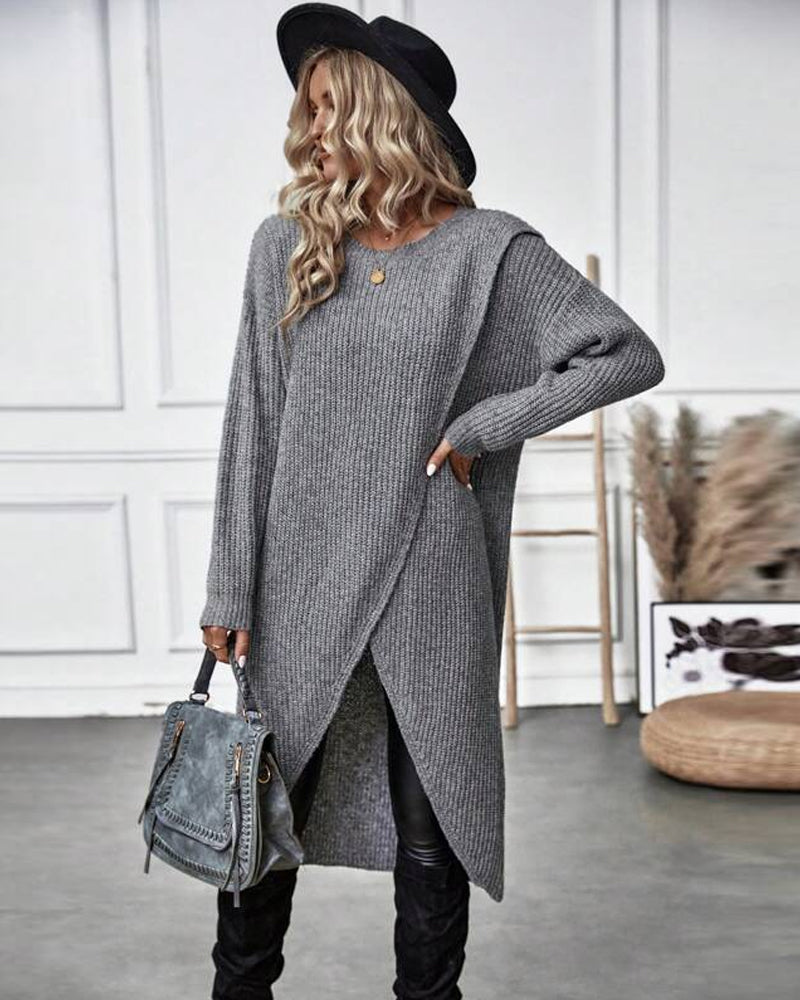 Pullover Kleid Damen mit Wickelschnitt und langen Ärmeln - 5 - Jasminaboutique.com