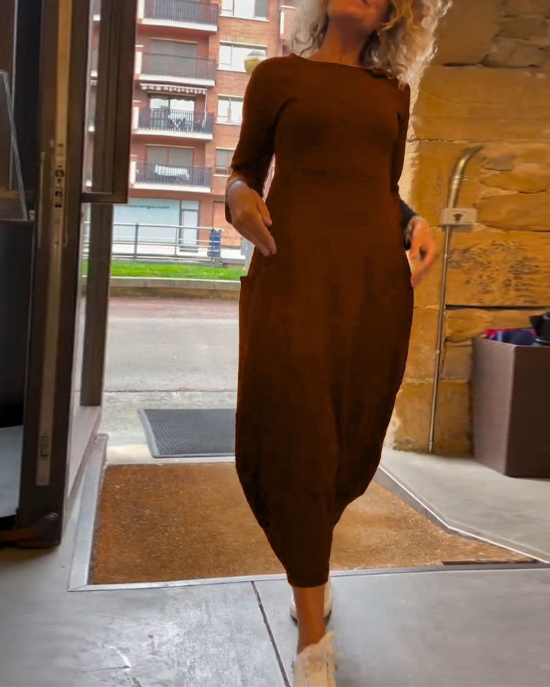 Maxikleid Damen mit Rundhalsausschnitt und langen Ärmeln - 5 - Jasminaboutique.com