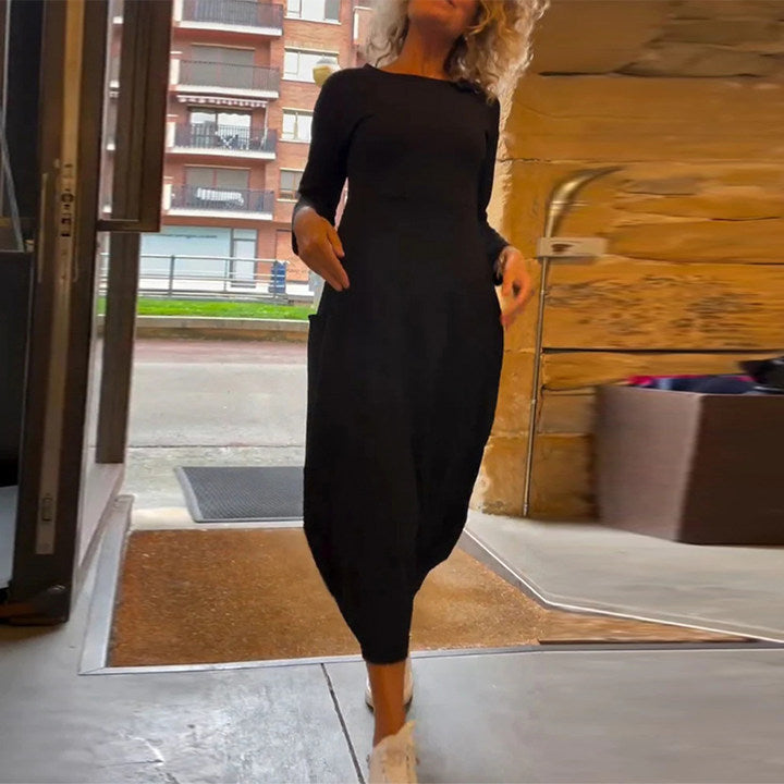 Maxikleid Damen mit Rundhalsausschnitt und langen Ärmeln - 22 - Jasminaboutique.com