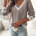 Pullover Damen V-Ausschnitt gestreifte Ärmel - 1 - Jasminaboutique.com