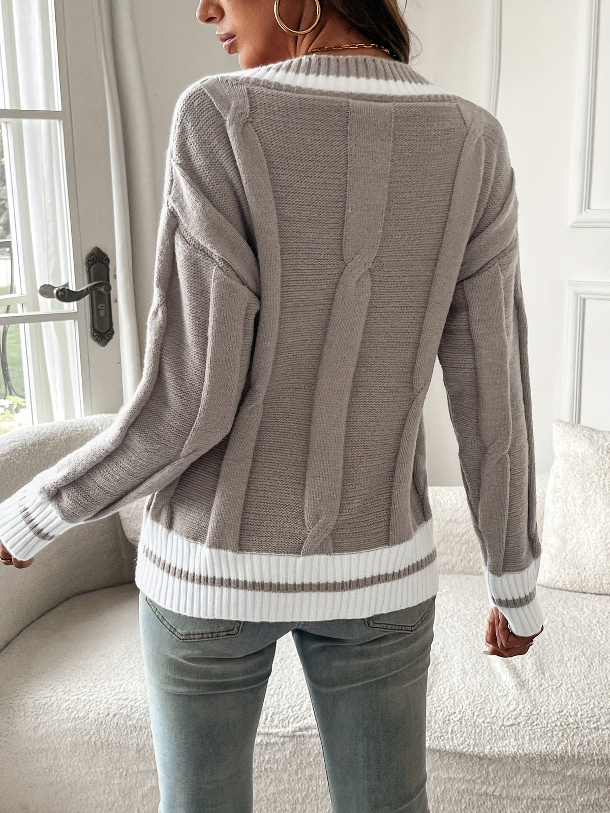 Pullover Damen V-Ausschnitt gestreifte Ärmel - 6 - Jasminaboutique.com
