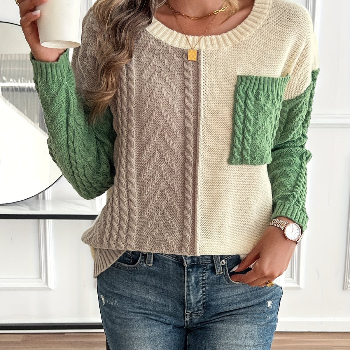 Pullover Damen mit zwei Farben und Zopfmuster - 1 - Jasminaboutique.com