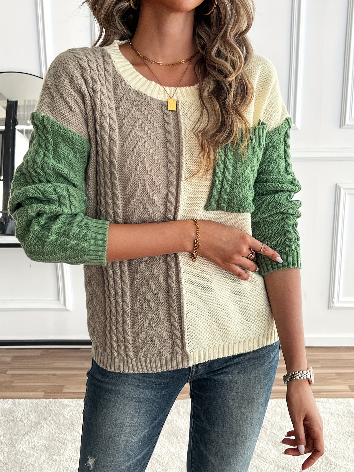 Pullover Damen mit zwei Farben und Zopfmuster - 4 - Jasminaboutique.com