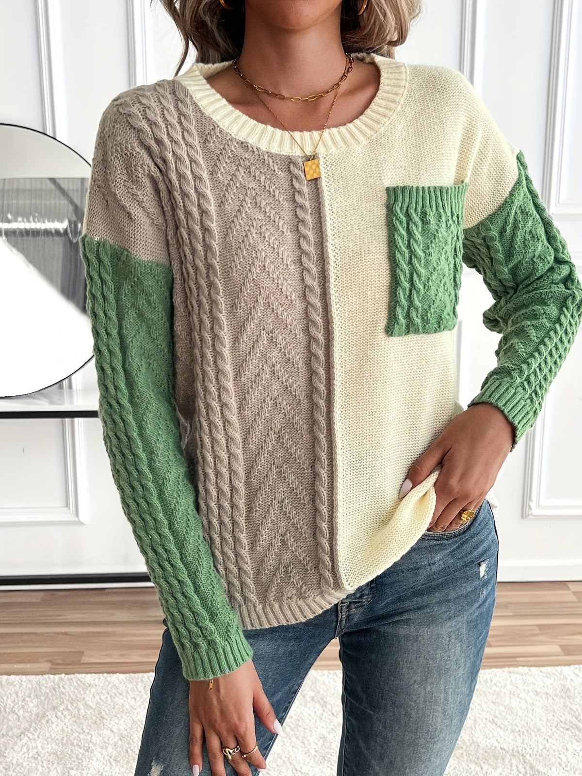 Pullover Damen mit zwei Farben und Zopfmuster - 5 - Jasminaboutique.com