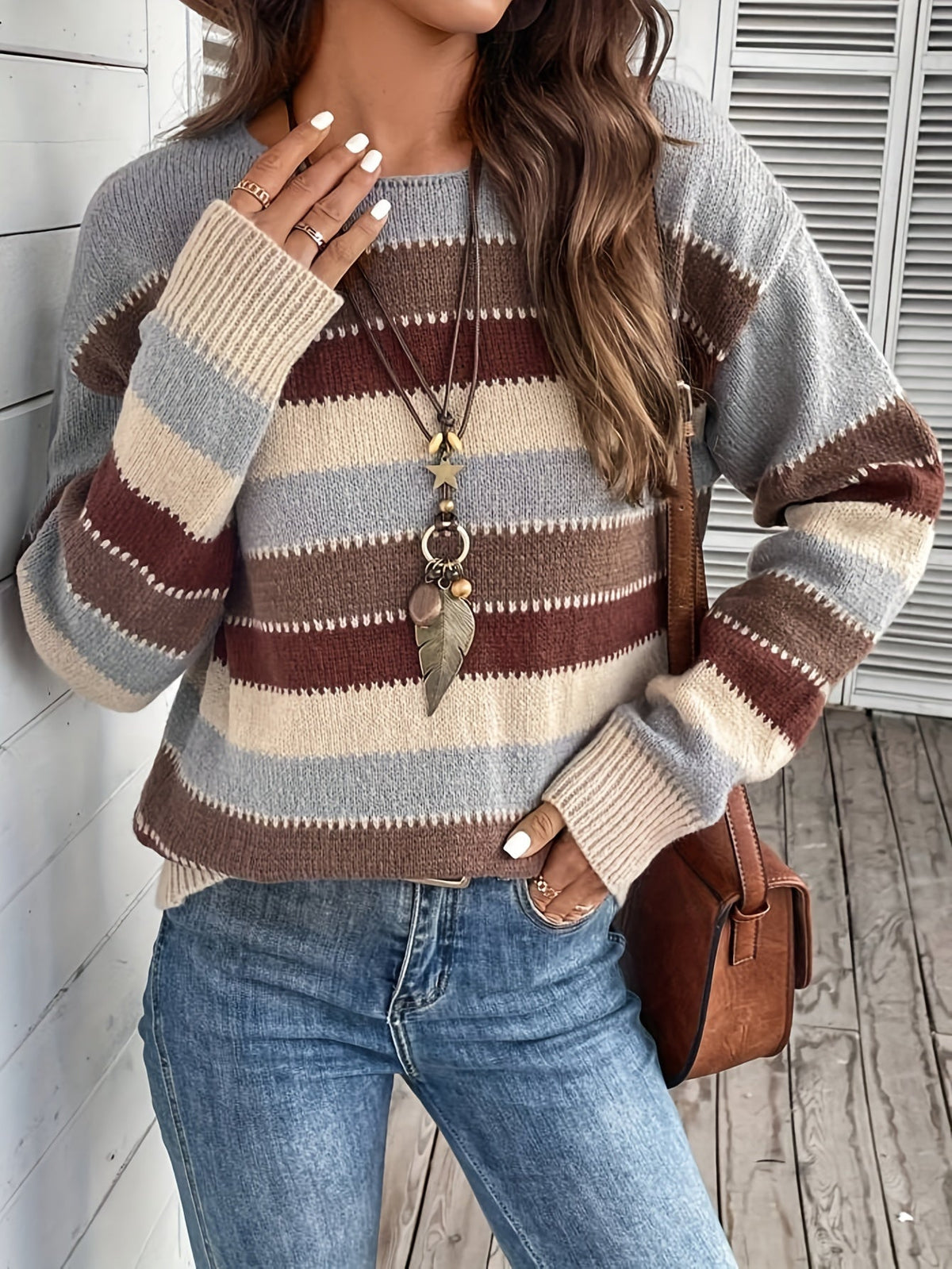 Pullover Damen mit Streifenmuster und Rundhalsausschnitt - 2 - Jasminaboutique.com