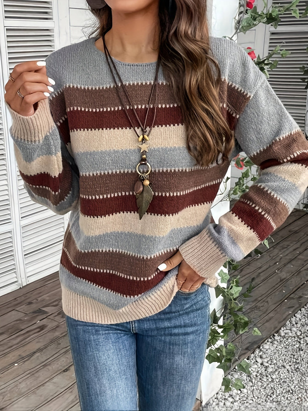 Pullover Damen mit Streifenmuster und Rundhalsausschnitt - 4 - Jasminaboutique.com