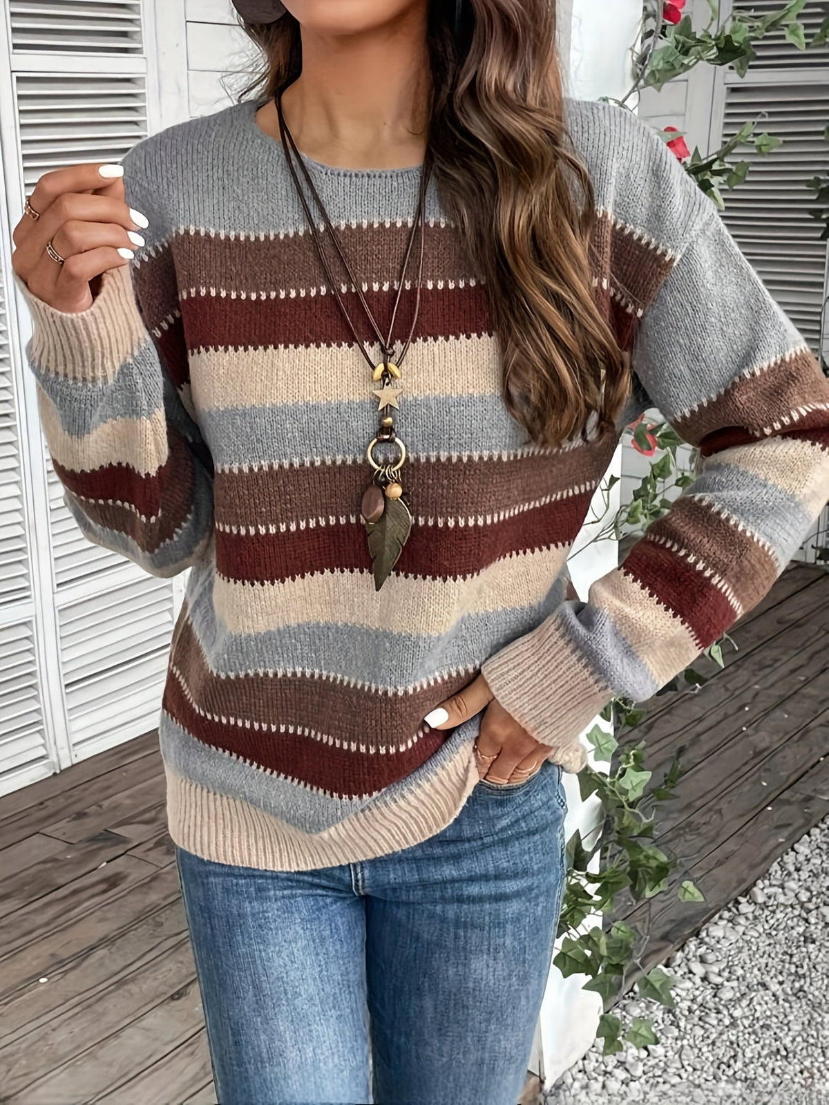 Pullover Damen mit Streifenmuster und Rundhalsausschnitt - 4 - Jasminaboutique.com