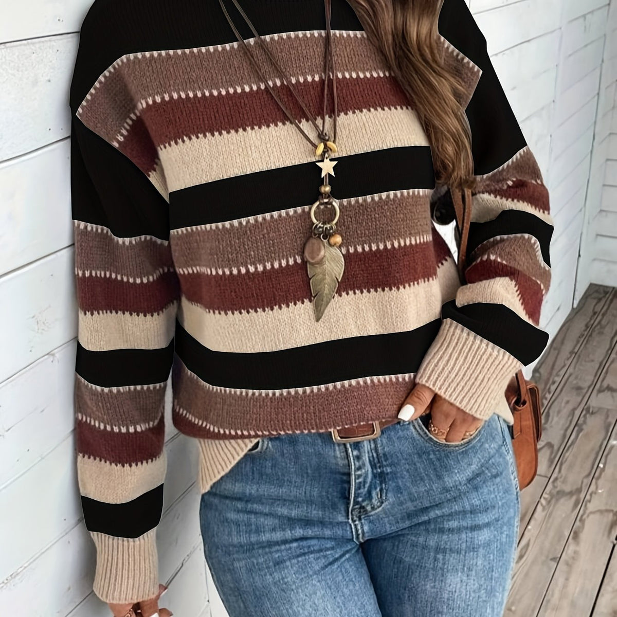 Pullover Damen mit Streifenmuster und Rundhalsausschnitt - 5 - Jasminaboutique.com