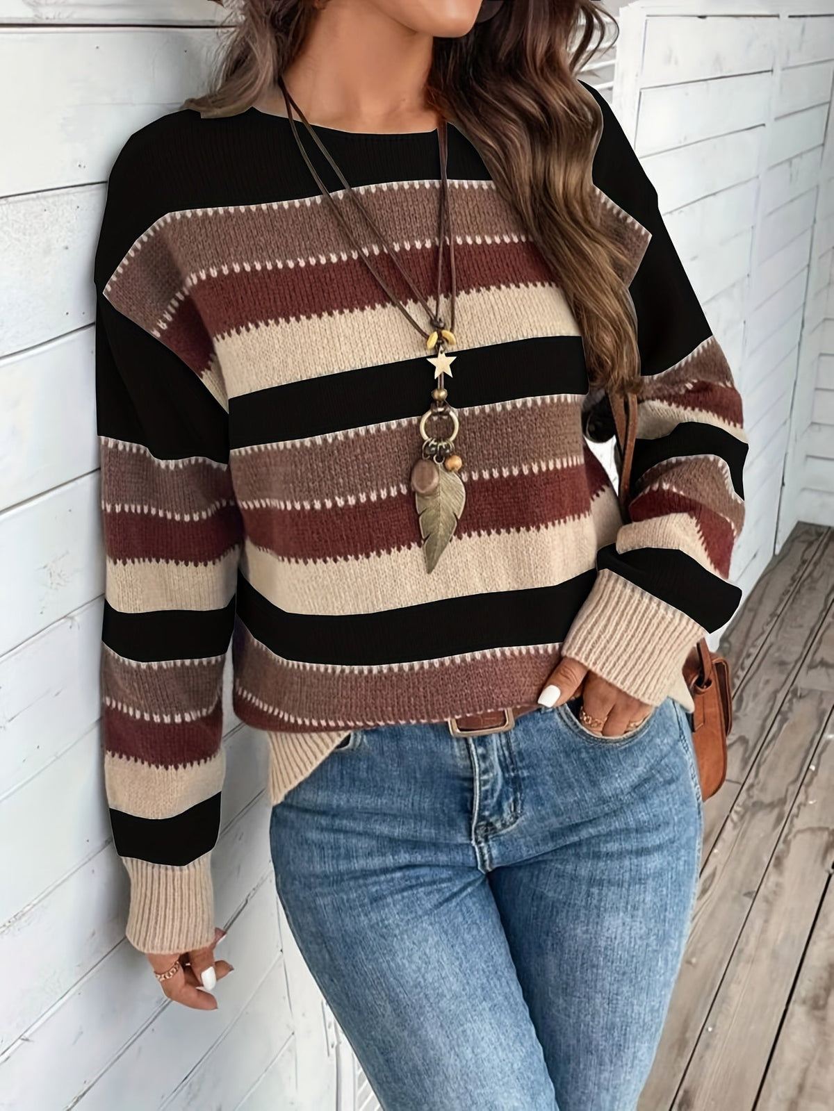 Pullover Damen mit Streifenmuster und Rundhalsausschnitt - 6 - Jasminaboutique.com