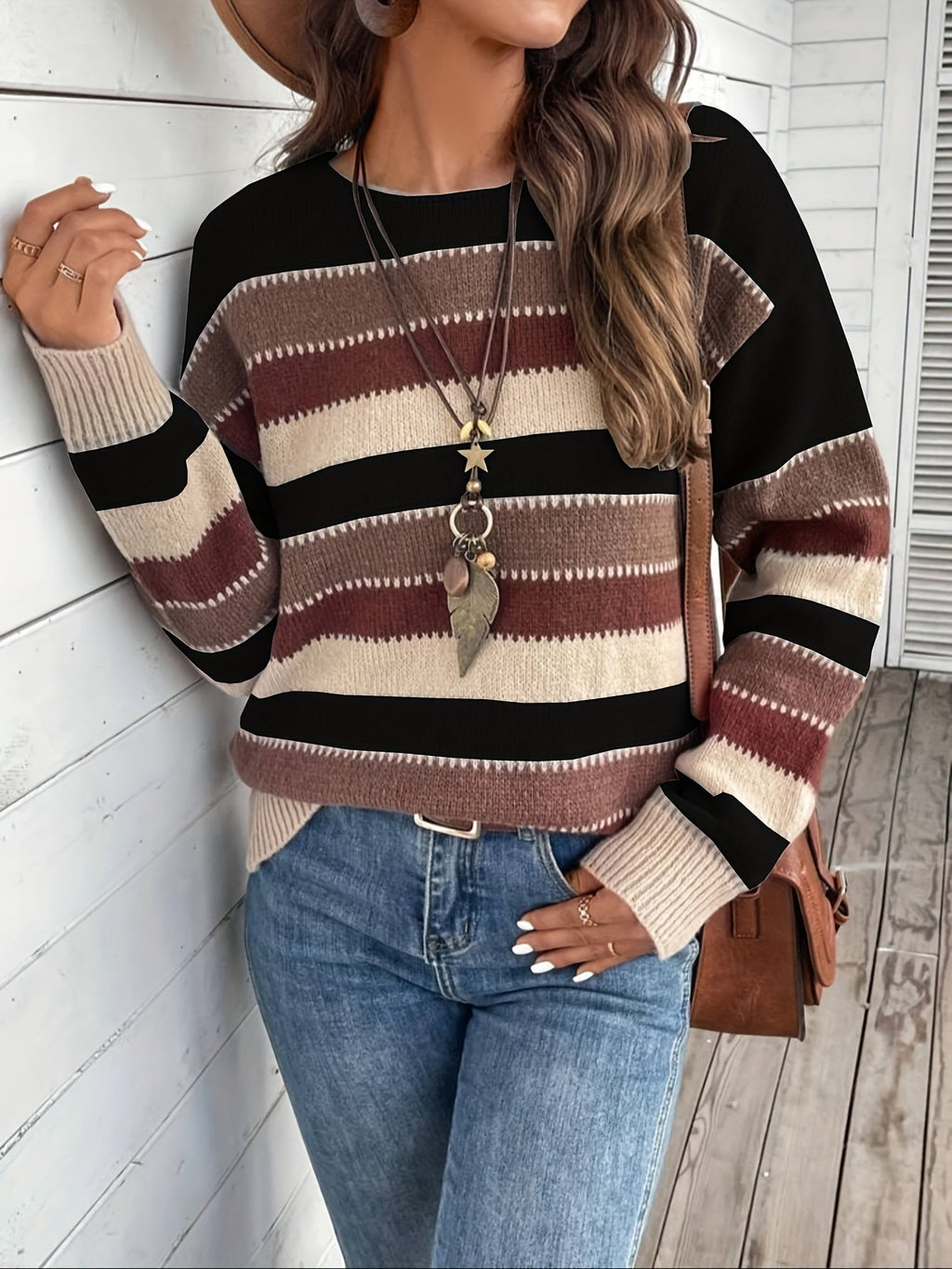 Pullover Damen mit Streifenmuster und Rundhalsausschnitt - 8 - Jasminaboutique.com