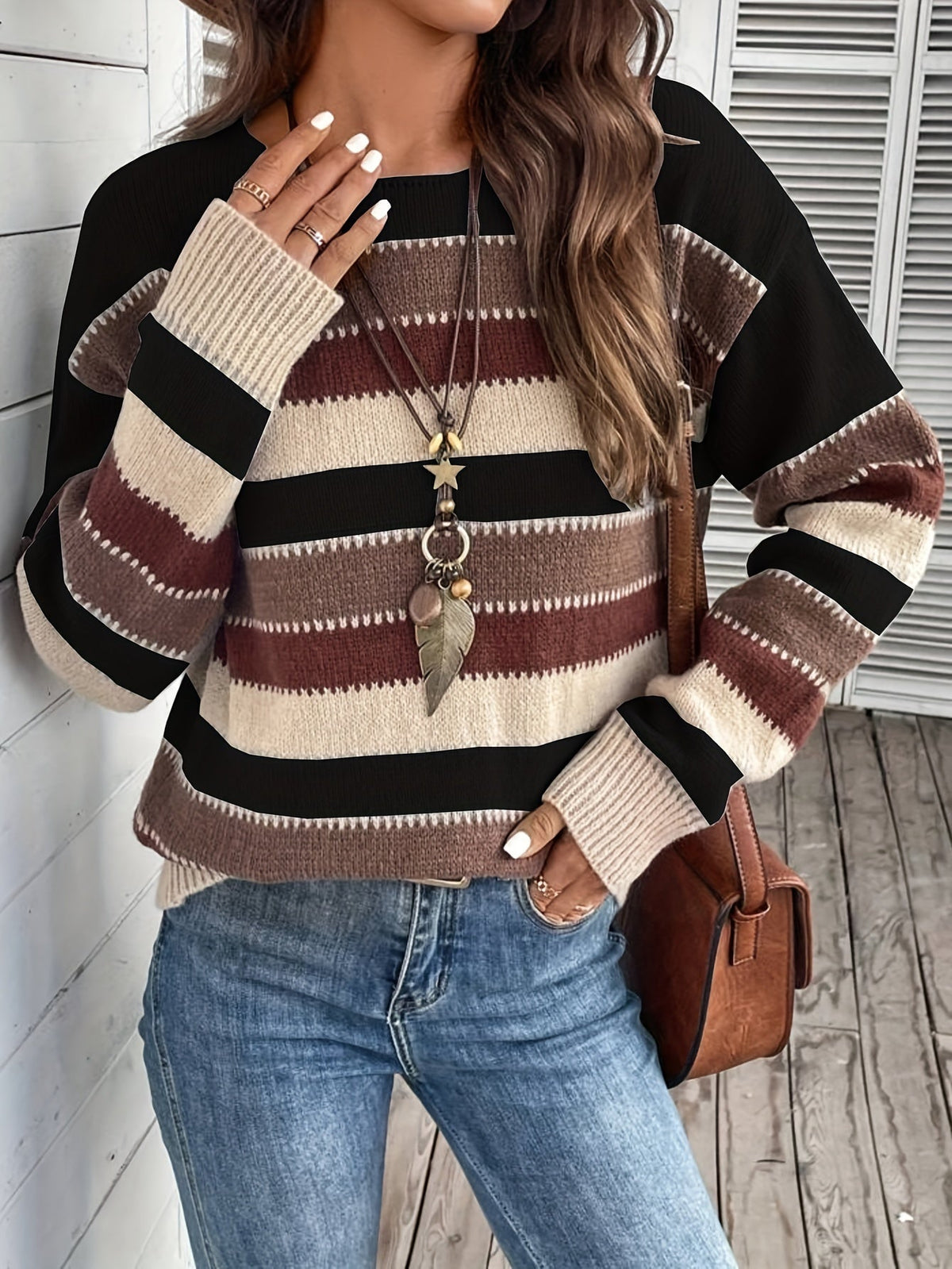Pullover Damen mit Streifenmuster und Rundhalsausschnitt - 9 - Jasminaboutique.com