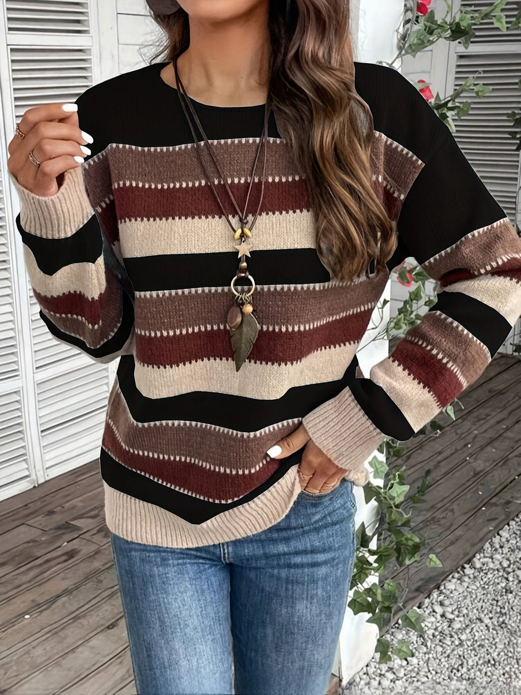 Pullover Damen mit Streifenmuster und Rundhalsausschnitt - 10 - Jasminaboutique.com