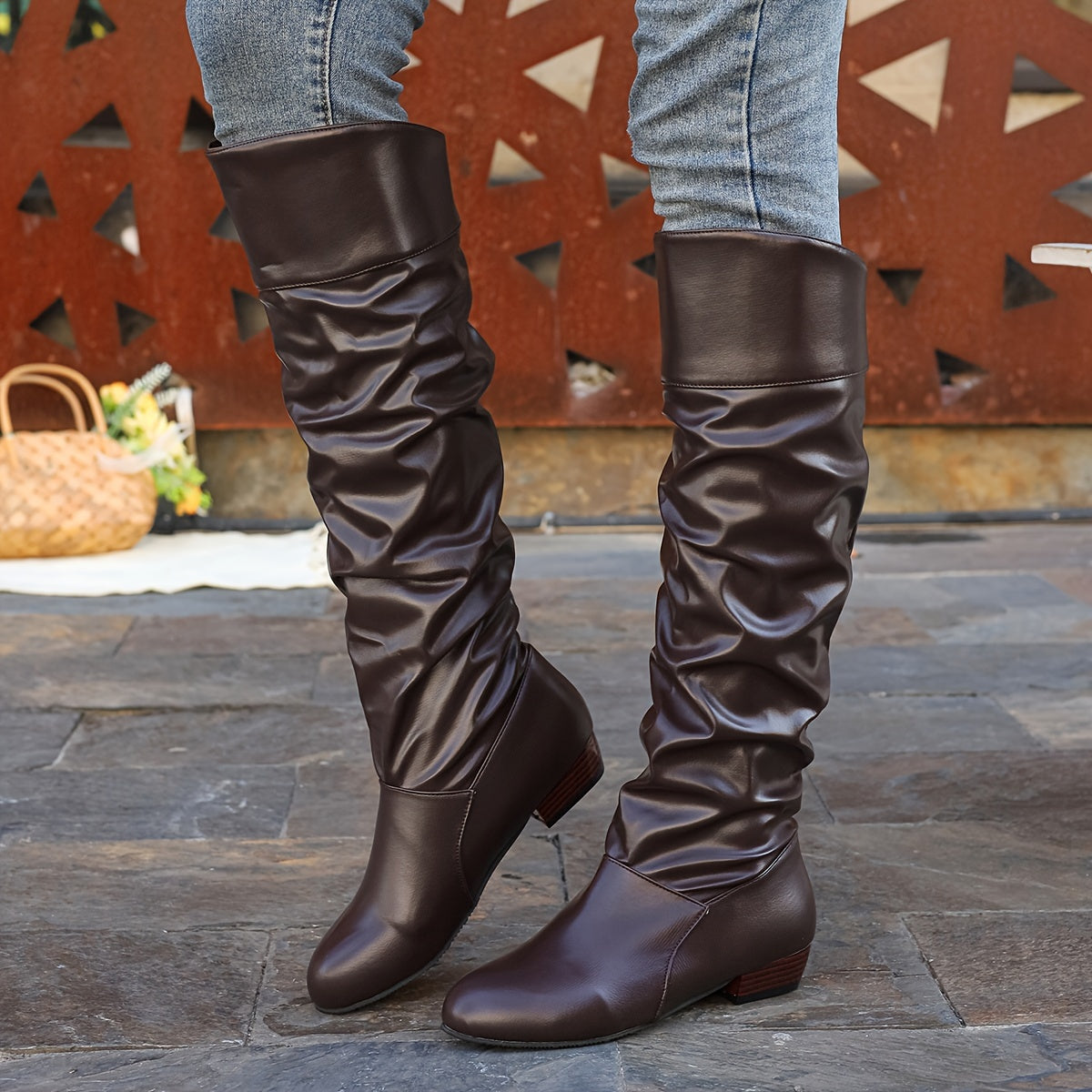 Kniehohe Stiefel Damen mit Schlauchdesign und Blockabsatz - 3 - Jasminaboutique.com