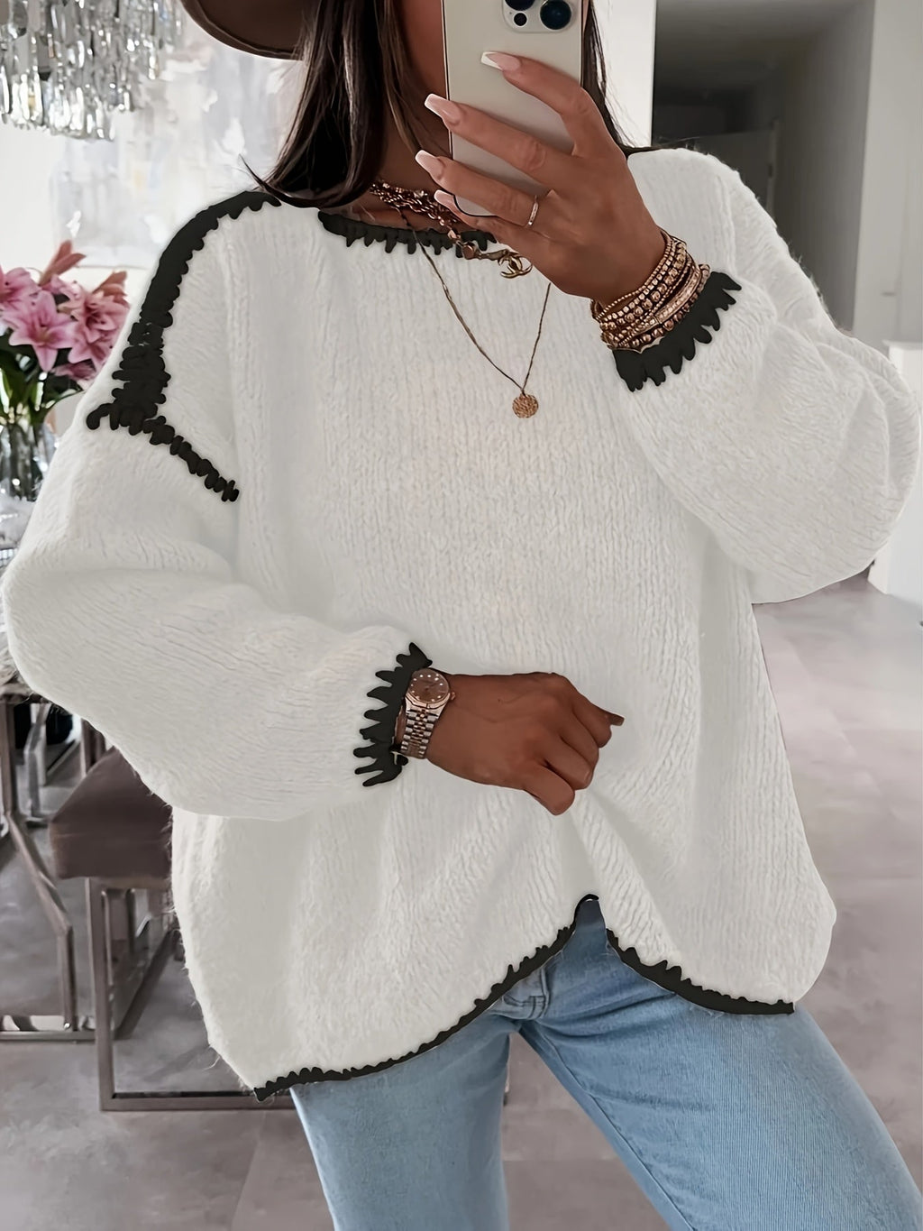 Pullover Damen mit U-Boot-Ausschnitt und lässigem Schnitt - 6 - Jasminaboutique.com